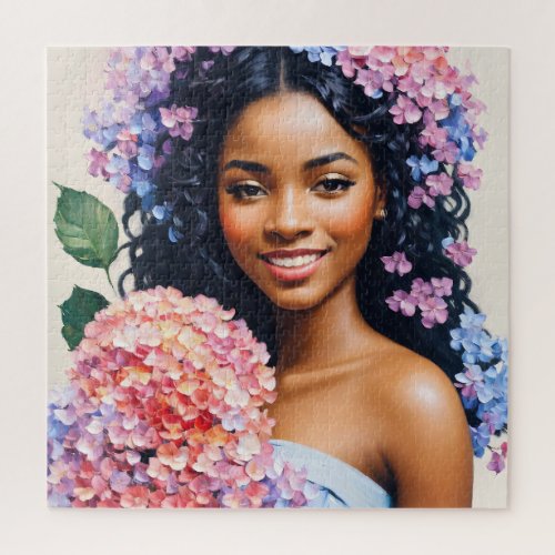 Beautiful Black Woman Hydrangeas Portrait Jigsaw Puzzle