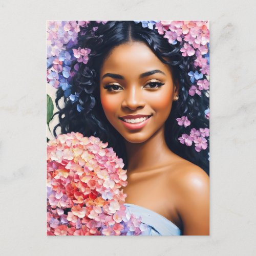 Beautiful Black Woman Hydrangeas Portrait Postcard