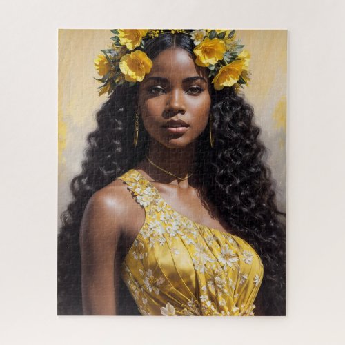 Beautiful Black Woman in Yellow Floral Portrait Jigsaw Puzzle
