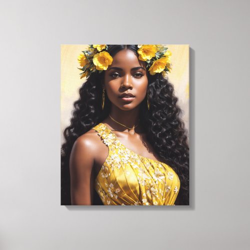 Beautiful Black Woman in Yellow Portrait Art Canvas Print