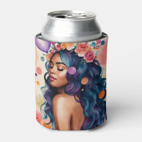 Beautiful Black Woman Multicolor Party Art Can Cooler