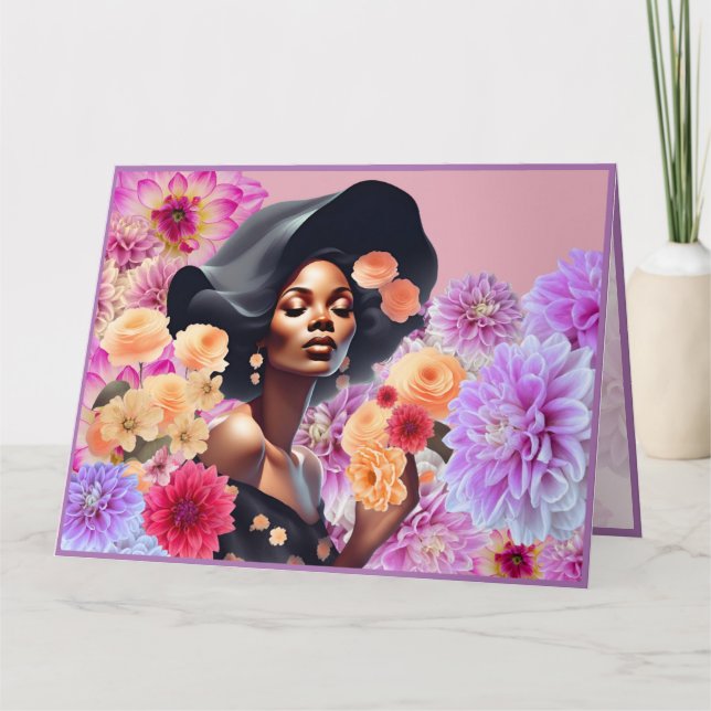 BEAUTIFUL BLACK WOMAN PINK FLOWERS BUTTERFLIES  CARD (Front)