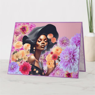 BEAUTIFUL BLACK WOMAN PINK FLOWERS BUTTERFLIES  CARD