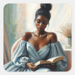 Beautiful Black Woman Reading Book Square Sticker