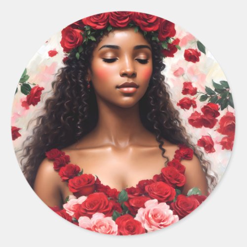 Beautiful Black Woman Red Roses Art Classic Round Sticker