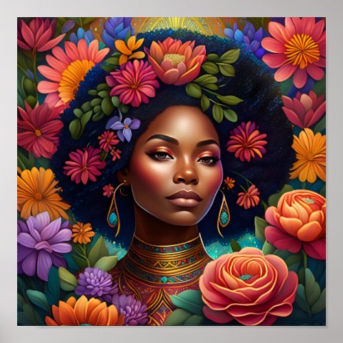 Beautiful Black Woman Surrounded by Flowers Poster