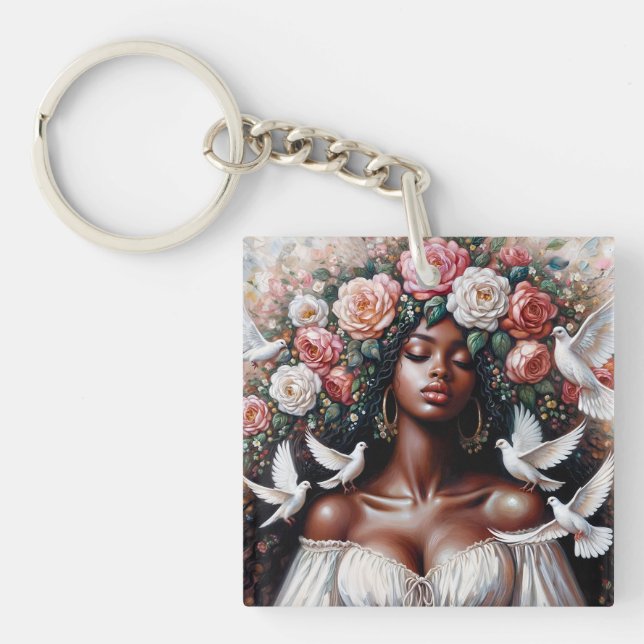 Beautiful Black Woman With Doves Floral Keychain (Front)