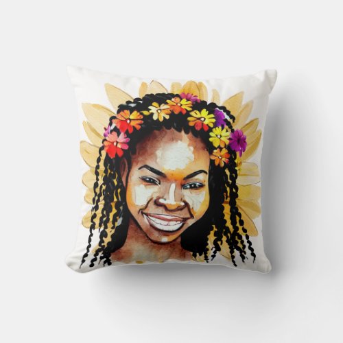 Beautiful Black Woman With Flower Headband  Throw Pillow