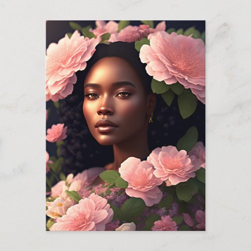 Beautiful Black Woman With Pink Flowers Postcard