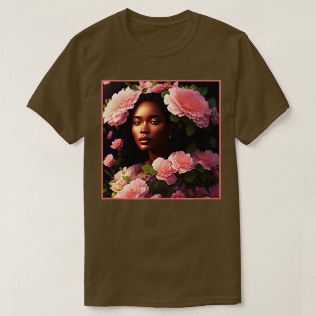 Beautiful Black Woman With Pink Flowers TShirt (Design Front)