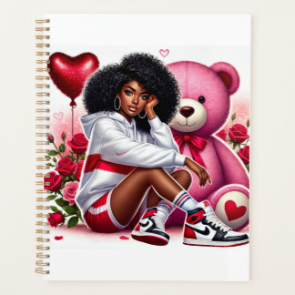 Beautiful Black Woman with Valentines Gifts Planner