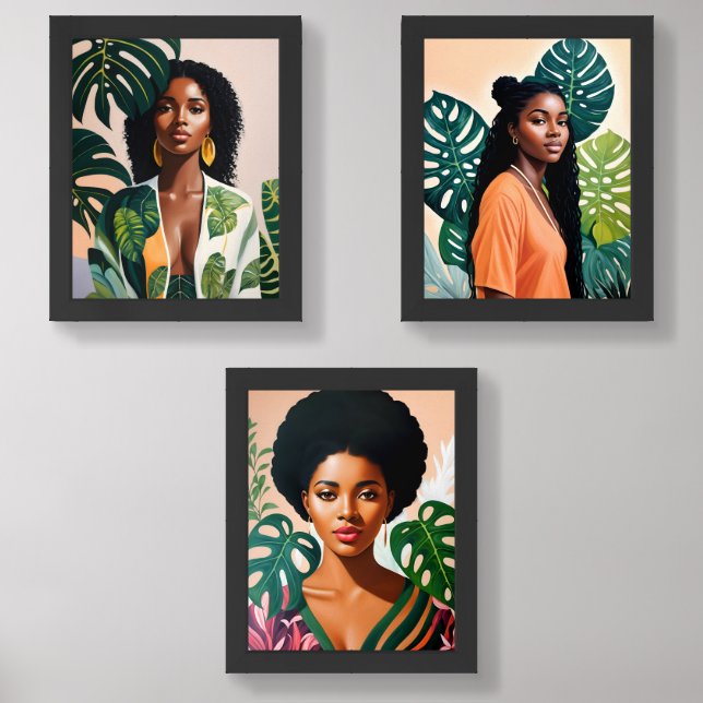 Beautiful Black Women Monstera Deliciosa Botanical Wall Art Sets (Front)