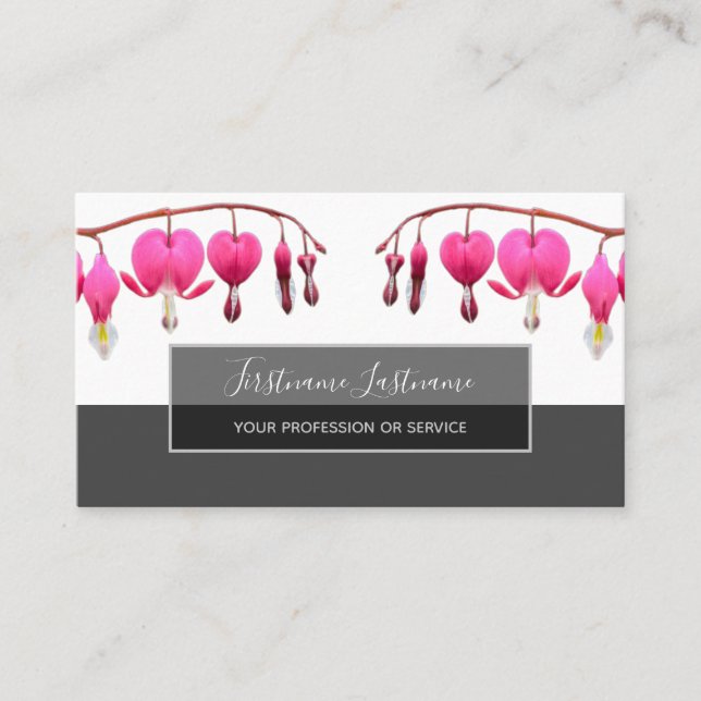 Beautiful bleeding hearts blossoms on gray business card (Front)