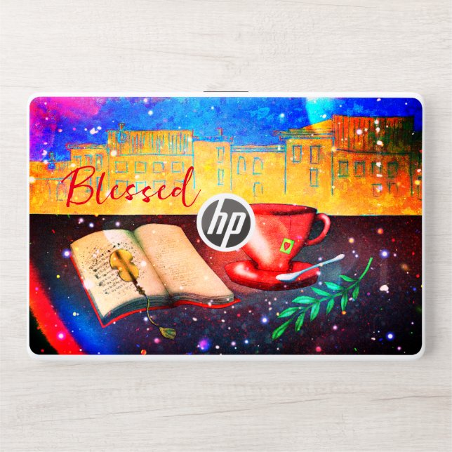 Beautiful Blessed Book And Coffee City Scene  HP Laptop Skin (Front)