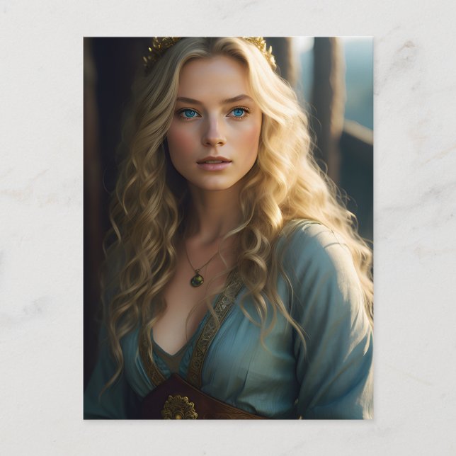Beautiful Blond Curls Woman in Blue and Gold Dress Postcard (Front)