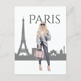 Beautiful Blond Girl in Paris with Eiffel Tower Postcard