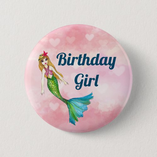 Beautiful Blond Hair Mermaid Birthday Girl Button