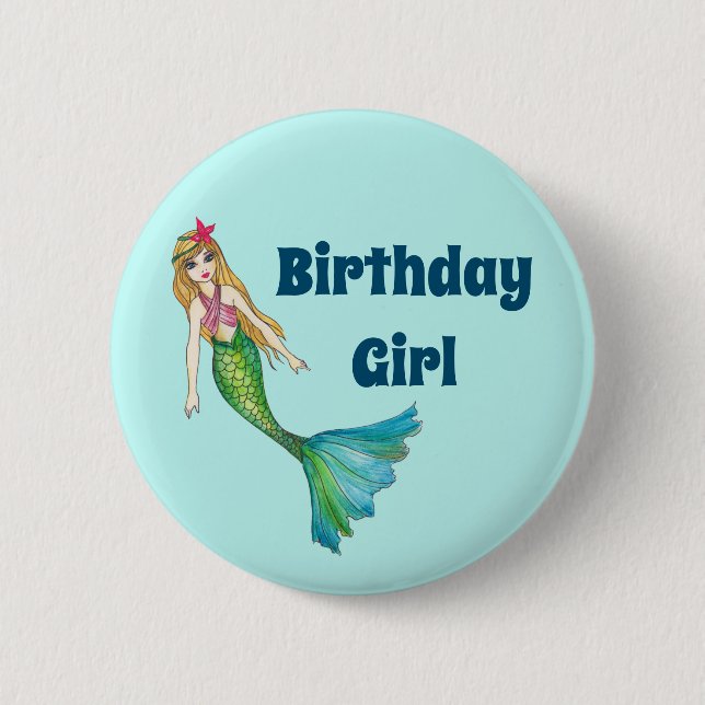 Beautiful Blond Hair Mermaid Birthday Girl Button (Front)