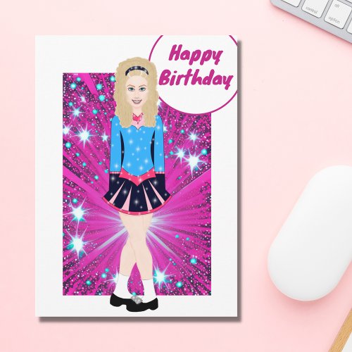 Beautiful Blond Irish Dancer Pink Blue Birthday Card