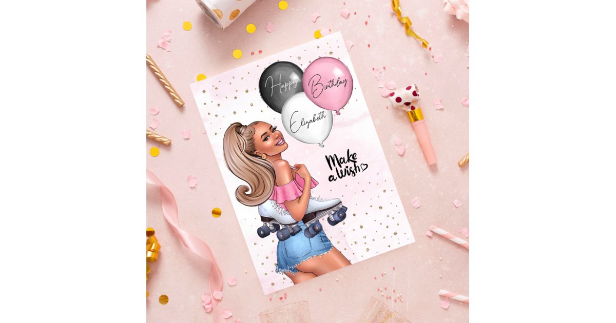 Beautiful Blond Roller Girl Happy Birthday Holiday Card | Zazzle