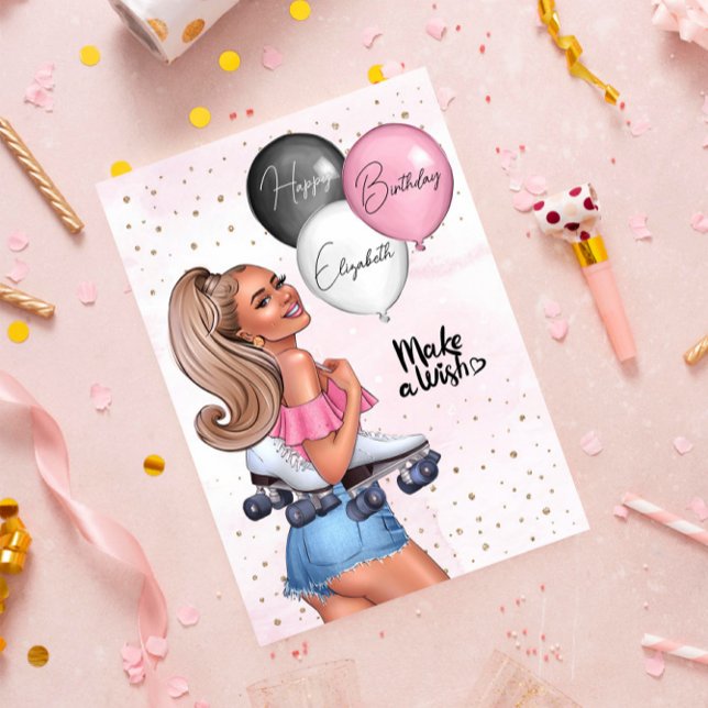Beautiful Blond Roller Girl Happy Birthday Holiday Card (Creator Uploaded)
