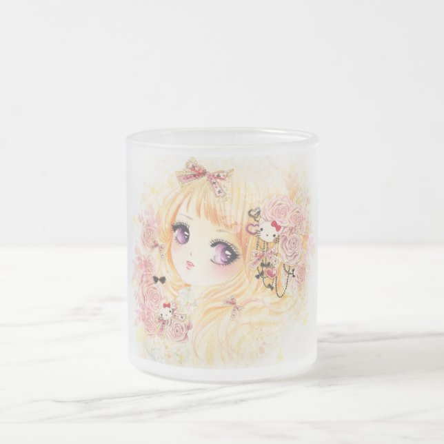 Beautiful blonde girl with roses frosted glass coffee mug (Center)