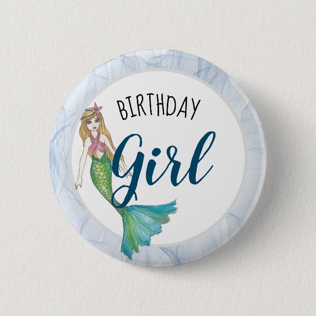Beautiful Blonde Hair Mermaid Birthday Girl Button (Front)