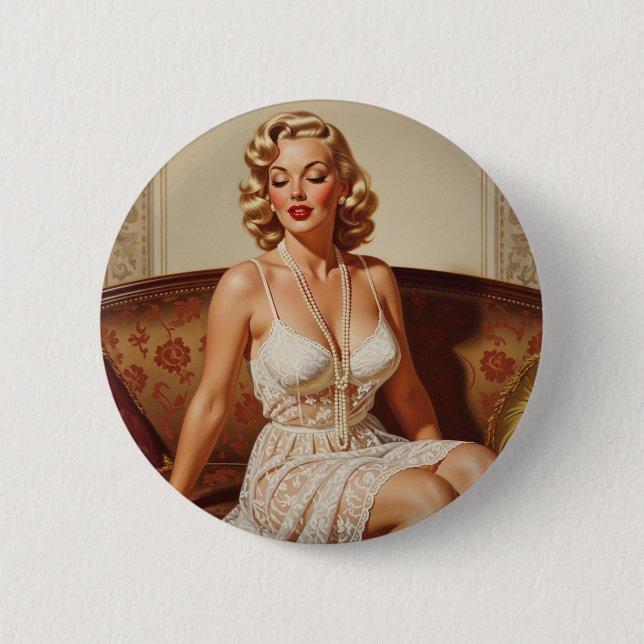 Beautiful blonde pin-up 50's art button (Front)
