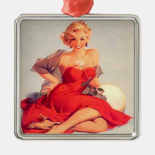 Beautiful Blonde Red Dress Pin Up Girl Metal Ornament