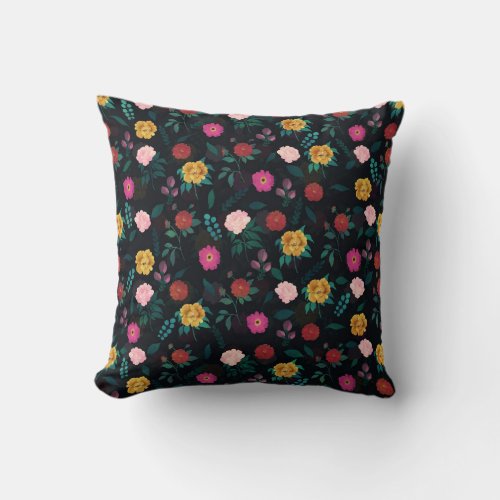 Beautiful Blooming Flowers Night Garden Pattern Throw Pillow