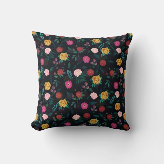 Beautiful Blooming Flowers Night Garden Pattern Throw Pillow (Front)