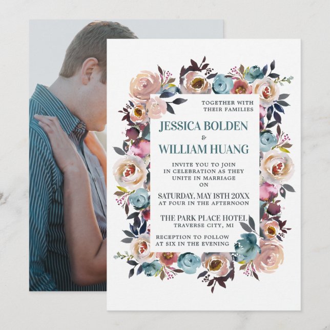 Beautiful Blooms Floral Spring Pastel Teal Wedding Invitation (Front/Back)