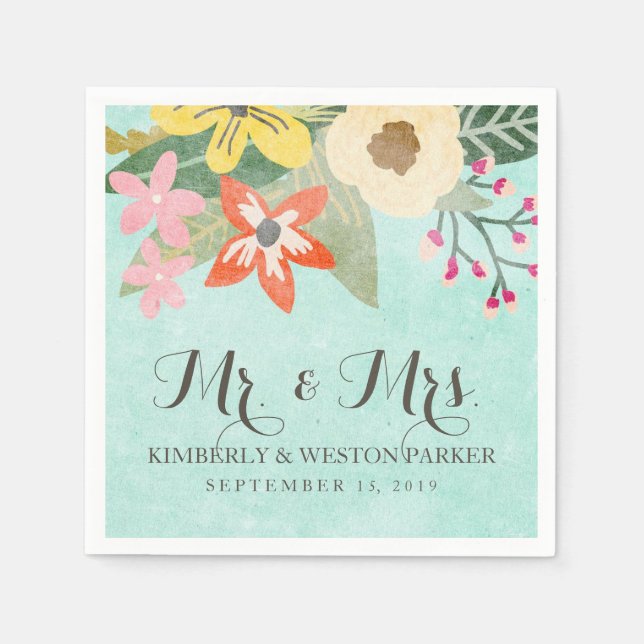Beautiful Blooms Watercolor Floral Wedding / Aqua Paper Napkins (Front)