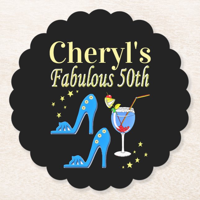 BEAUTIFUL BLUE 50TH BIRTHDAY DESIGN PAPER COASTER (Front)