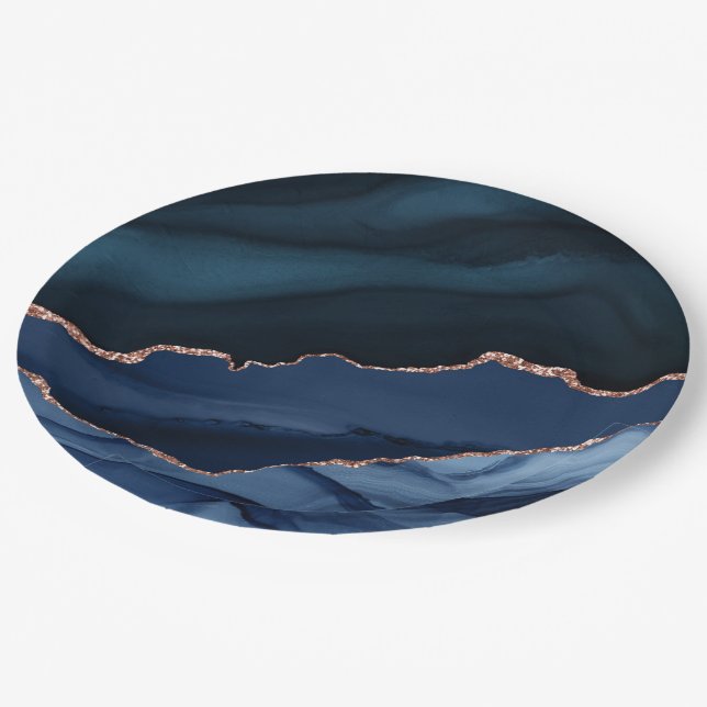 Beautiful blue agate pattern post-quarantine party paper plates (Angled)