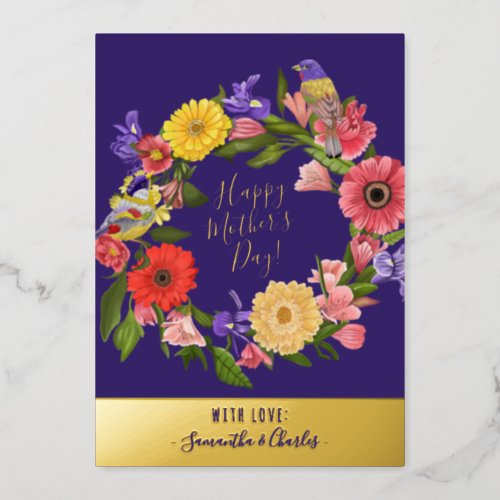 Beautiful Blue and Gold Floral Mothers Day  Foil  Foil Holiday Card