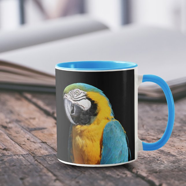 Beautiful Blue and Gold Macaw Mug (Blue and Gold Macaw Closeup 11 oz Coffee Mug Cover Photo.)