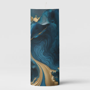 Beautiful Blue and Gold Marbled Pillar Candle