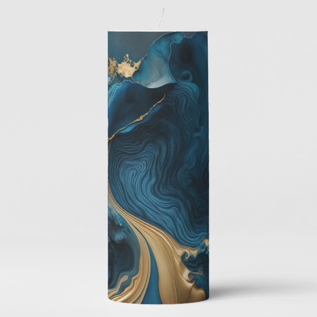 Beautiful Blue and Gold Marbled Pillar Candle (Front)