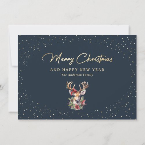 Beautiful Blue and Gold Snow Reindeer Christmas Holiday Card