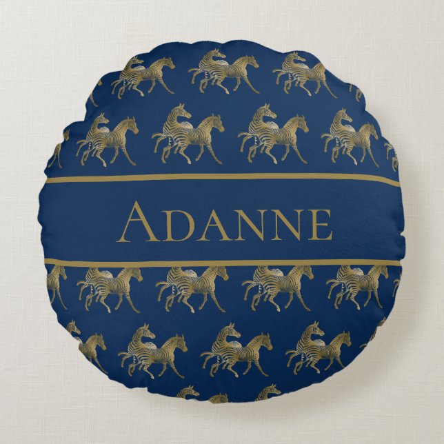 Beautiful Blue and Gold Zebra Print Round Pillow (Front)