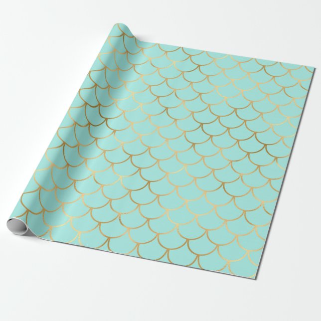 Beautiful Blue and Golden Mermaid Scales Wrapping Paper (Unrolled)