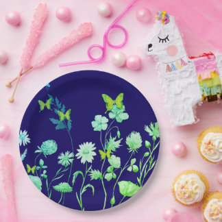 Beautiful blue and green floral and butterfly  paper plates