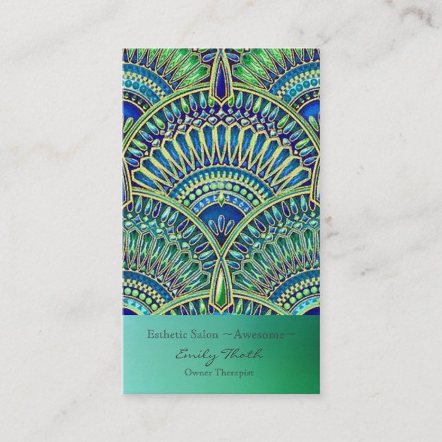 Beautiful blue and green peacock design business card (Front)