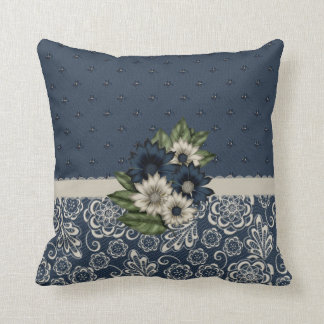Beautiful Blue and Ivory Flowers Pillow