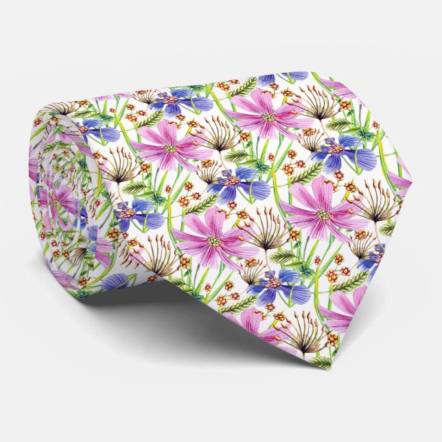 Beautiful Blue and Pink Cosmos Flowers Neck Tie (Rolled)