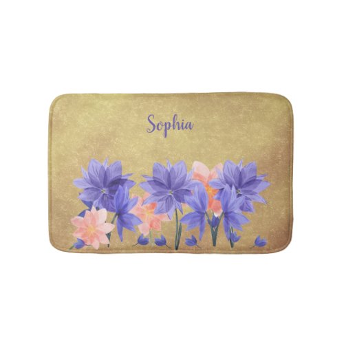 Beautiful Blue And Pink Flowers With Name Bath Mat