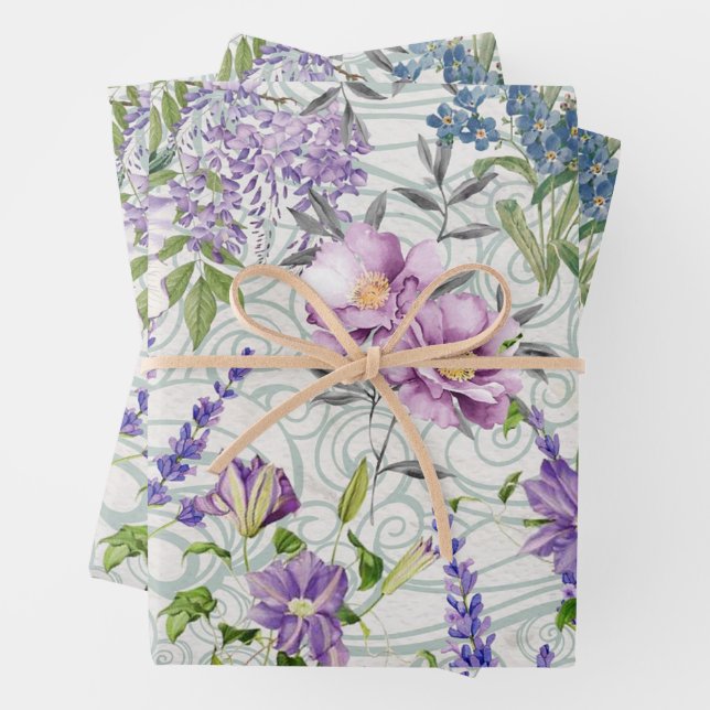 Beautiful Blue and Purple Flowers Nature Botanical Wrapping Paper Sheets (In situ)