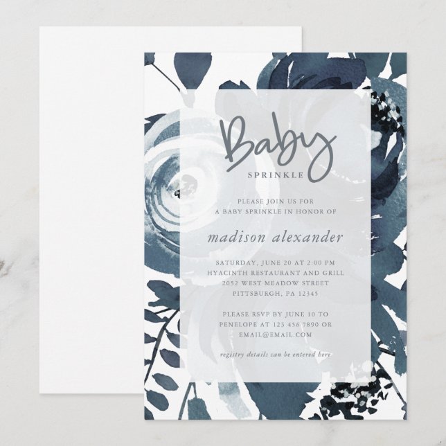 Beautiful Blue and White Floral Baby Sprinkle Invitation (Front/Back)