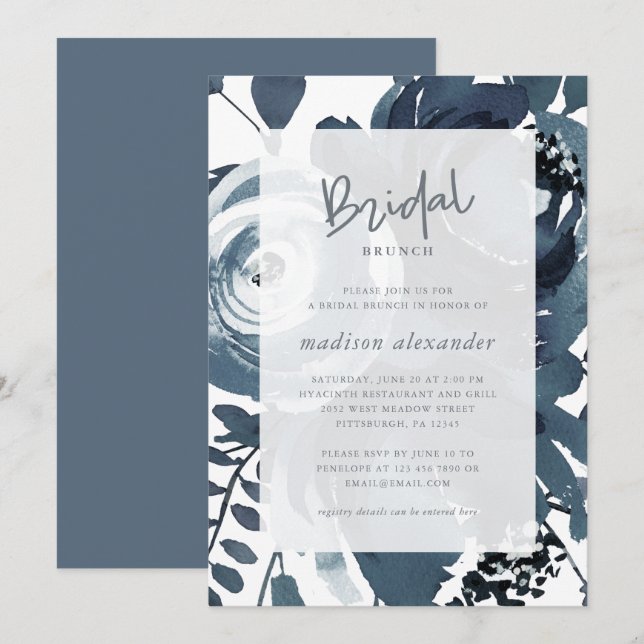 Beautiful Blue and White Floral Bridal Brunch Invitation (Front/Back)